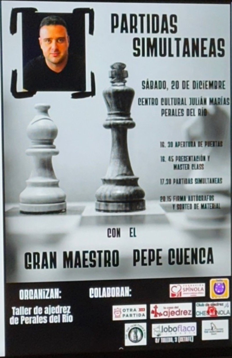 Cartel de las partidas simultáneas con el gran maestro Pepe Cuenca, sábado 20 de diciembre, Centro Cultural Julián Marías