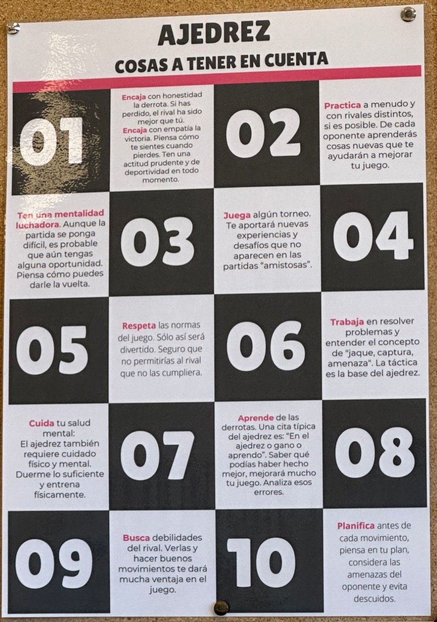 Cartel «Ajedrez: cosas a tener en cuenta» con diez consejos sobre un tablero de ajedrez, colgado en el aula