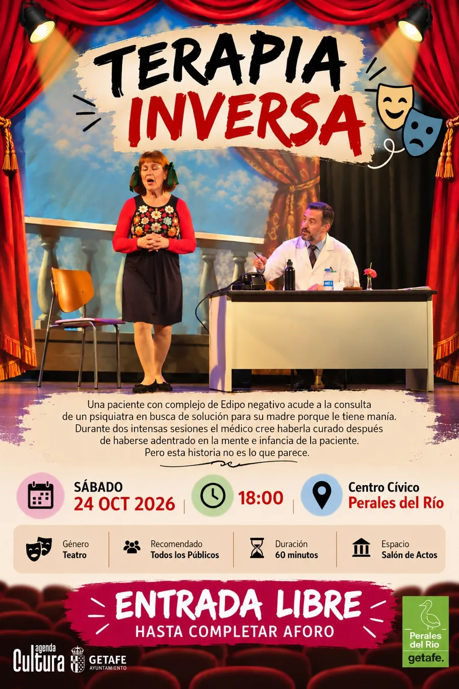 Cartel de la obra de teatro Terapia inversa, sábado 24 de octubre de 2026 a las 18:00 en el Centro Cívico de Perales del Río, entrada libre